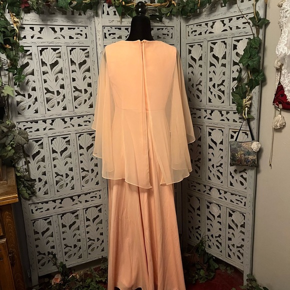VINTAGE VOLUPTUOUS LIGHT PEACH SOFT ORANGE ANGEL FLUTTERY TOP MAXI DRESS - Picture 8 of 12